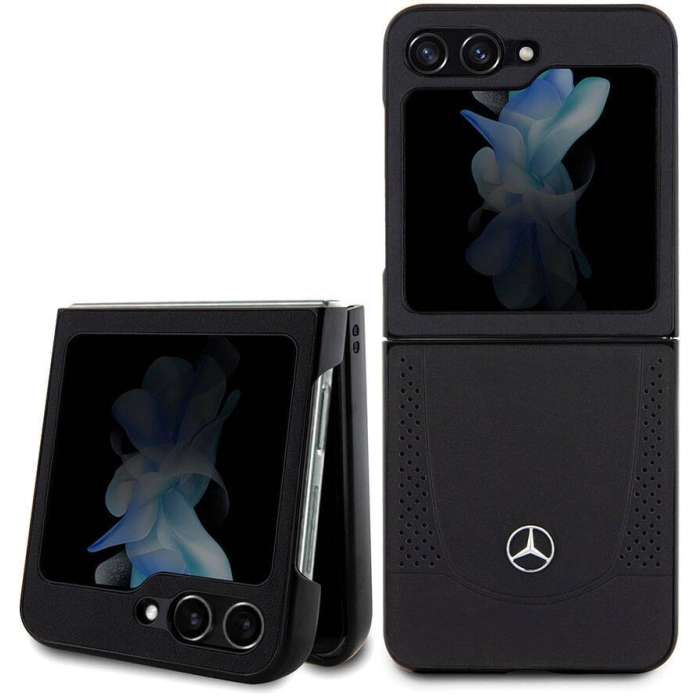Samsung Galaxy Z Flip 5 Kılıf Mercedes Benz Orjinal Lisanslı Metal Yıldız Logolu Urban Deri Kapak - Siyah