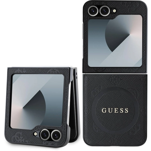 Samsung Galaxy Z Flip 6 Kılıf Guess Orjinal Lisanslı Saffiano Metal Logo Kapak - Siyah