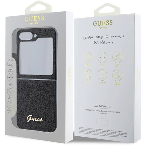 Samsung Galaxy Z Flip 6 Kılıf Guess Orjinal Lisanslı Yazı Logolu Glitter Script Kapak - Siyah