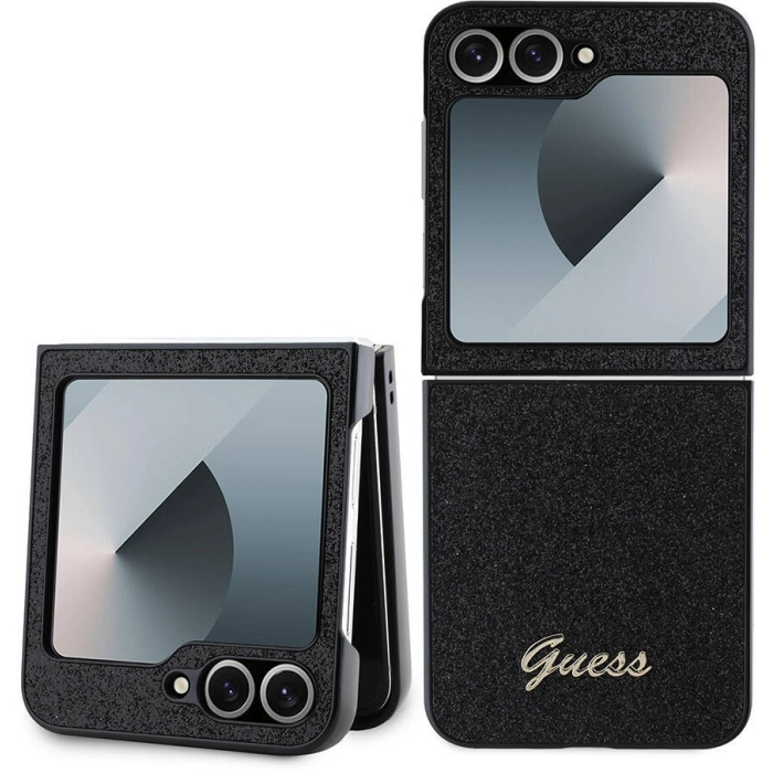 Samsung Galaxy Z Flip 6 Kılıf Guess Orjinal Lisanslı Yazı Logolu Glitter Script Kapak - Siyah