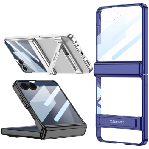 Samsung Galaxy Z Flip 7 Kılıf Kamera Korumalı Şeffaf Tasarımlı Lego Standlı Kapak - Siyah