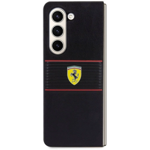 Galaxy Z Fold 5 Kılıf Ferrari Orjinal Lisanslı PU Deri Metal Logolu Multi Çizgili Kapak - Kırmızı