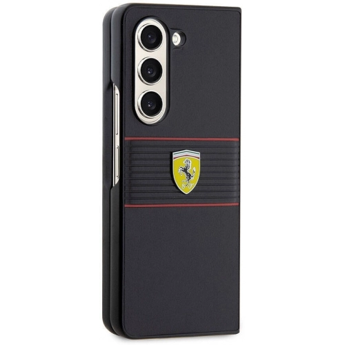 Galaxy Z Fold 5 Kılıf Ferrari Orjinal Lisanslı PU Deri Metal Logolu Multi Çizgili Kapak - Kırmızı