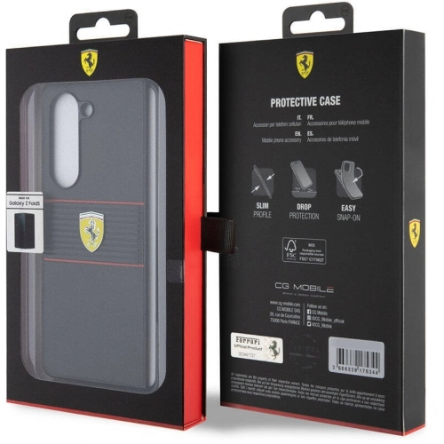 Galaxy Z Fold 5 Kılıf Ferrari Orjinal Lisanslı PU Deri Metal Logolu Multi Çizgili Kapak - Kırmızı