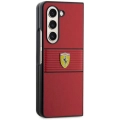 Galaxy Z Fold 5 Kılıf Ferrari Orjinal Lisanslı PU Deri Metal Logolu Multi Çizgili Kapak - Kırmızı