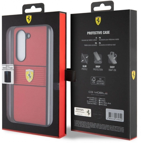 Galaxy Z Fold 5 Kılıf Ferrari Orjinal Lisanslı PU Deri Metal Logolu Multi Çizgili Kapak - Kırmızı