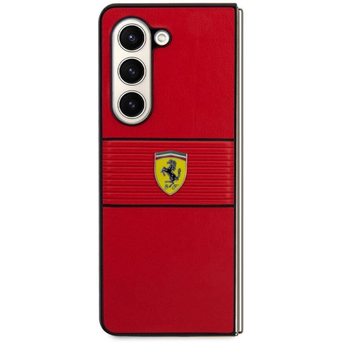 Samsung Galaxy Z Fold 5 Kılıf Ferrari Orjinal Lisanslı PU Deri Metal Logolu Multi Çizgili Kapak - Siyah