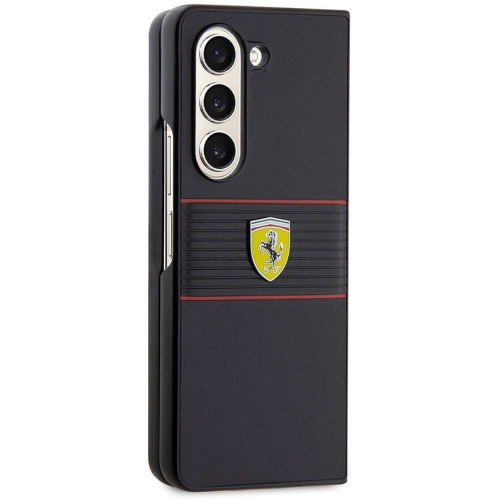 Samsung Galaxy Z Fold 5 Kılıf Ferrari Orjinal Lisanslı PU Deri Metal Logolu Multi Çizgili Kapak - Kırmızı