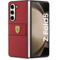 Samsung Galaxy Z Fold 5 Kılıf Ferrari Orjinal Lisanslı PU Deri Metal Logolu Multi Çizgili Kapak - Kırmızı
