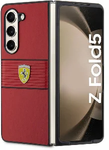 Samsung Galaxy Z Fold 5 Kılıf Ferrari Orjinal Lisanslı PU Deri Metal Logolu Multi Çizgili Kapak - Kırmızı