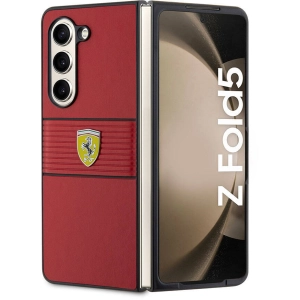 Samsung Galaxy Z Fold 5 Kılıf Ferrari Orjinal Lisanslı PU Deri Metal Logolu Multi Çizgili Kapak - Kırmızı