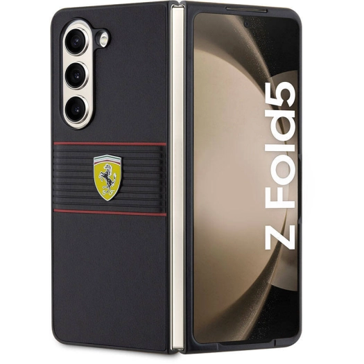Samsung Galaxy Z Fold 5 Kılıf Ferrari Orjinal Lisanslı PU Deri Metal Logolu Multi Çizgili Kapak - Siyah