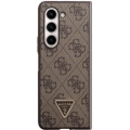 Galaxy Z Fold 5 Kılıf Guess Orjinal Lisanslı PU Deri Taşlı Üçgen Logo 4G Desenli Strass Kapak - Kahve