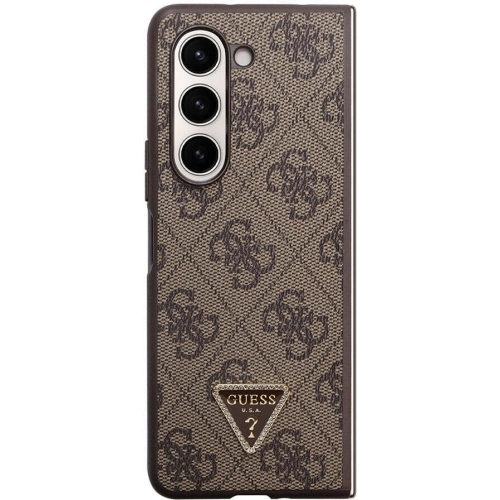 Galaxy Z Fold 5 Kılıf Guess Orjinal Lisanslı PU Deri Taşlı Üçgen Logo 4G Desenli Strass Kapak - Kahve