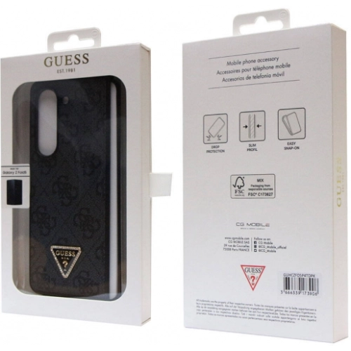 Galaxy Z Fold 5 Kılıf Guess Orjinal Lisanslı PU Deri Taşlı Üçgen Logo 4G Desenli Strass Kapak - Kahve