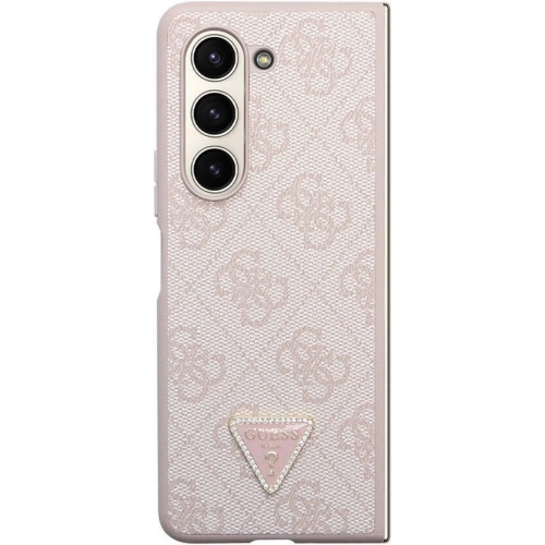 Galaxy Z Fold 5 Kılıf Guess Orjinal Lisanslı PU Deri Taşlı Üçgen Logo 4G Desenli Strass Kapak - Kahve