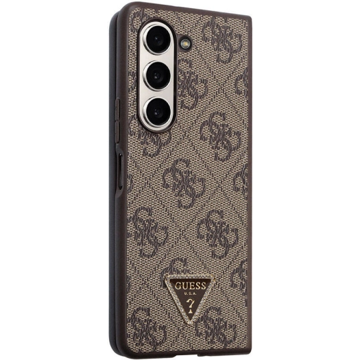 Galaxy Z Fold 5 Kılıf Guess Orjinal Lisanslı PU Deri Taşlı Üçgen Logo 4G Desenli Strass Kapak - Kahverengi