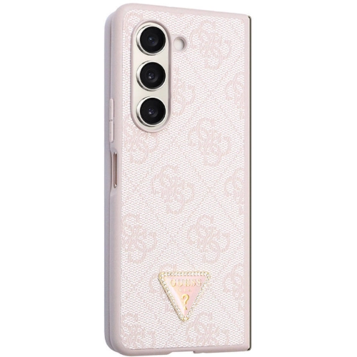 Galaxy Z Fold 5 Kılıf Guess Orjinal Lisanslı PU Deri Taşlı Üçgen Logo 4G Desenli Strass Kapak - Pembe