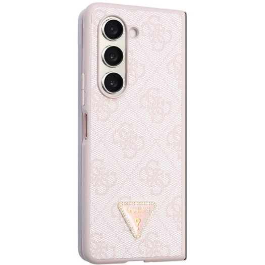 Galaxy Z Fold 5 Kılıf Guess Orjinal Lisanslı PU Deri Taşlı Üçgen Logo 4G Desenli Strass Kapak - Pembe