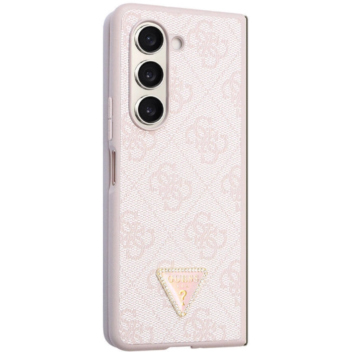 Galaxy Z Fold 5 Kılıf Guess Orjinal Lisanslı PU Deri Taşlı Üçgen Logo 4G Desenli Strass Kapak - Pembe