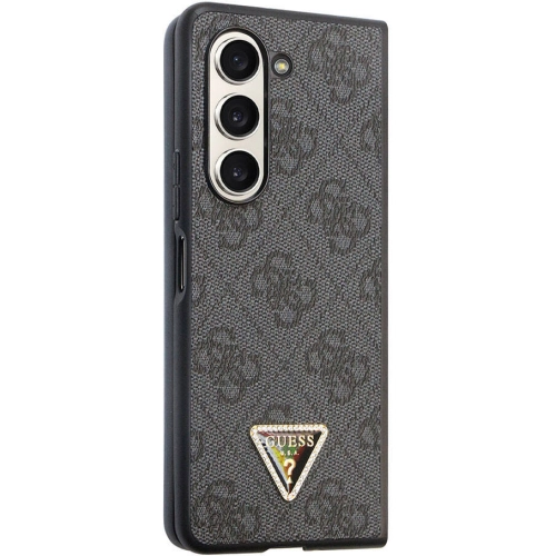Galaxy Z Fold 5 Kılıf Guess Orjinal Lisanslı PU Deri Taşlı Üçgen Logo 4G Desenli Strass Kapak - Siyah