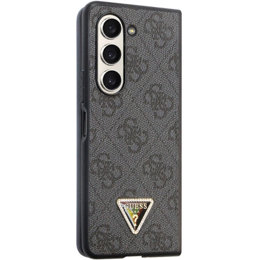 Galaxy Z Fold 5 Kılıf Guess Orjinal Lisanslı PU Deri Taşlı Üçgen Logo 4G Desenli Strass Kapak - Siyah