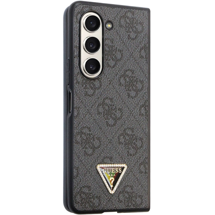 Galaxy Z Fold 5 Kılıf Guess Orjinal Lisanslı PU Deri Taşlı Üçgen Logo 4G Desenli Strass Kapak - Siyah