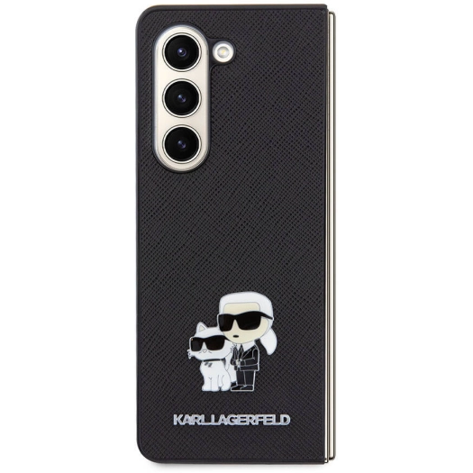 Samsung Galaxy Z Fold 5 Kılıf Karl Lagerfeld Orjinal Lisanslı K&C Metal Logolu Saffiano Kapak - Siyah