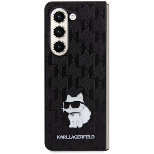 Samsung Galaxy Z Fold 5 Kılıf Karl Lagerfeld Orjinal Lisanslı KL Desenli Choupette İkonik Saffiano Kapak - Siyah