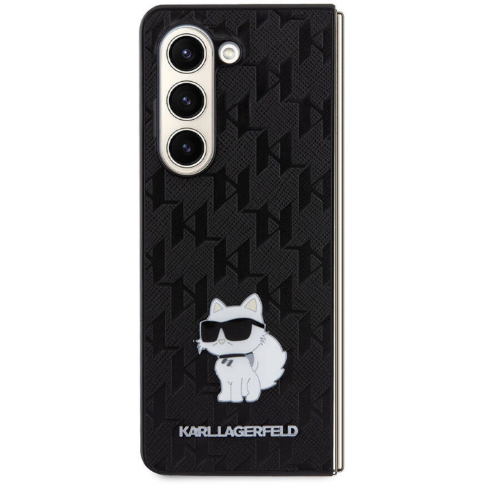 Samsung Galaxy Z Fold 5 Kılıf Karl Lagerfeld Orjinal Lisanslı KL Desenli Choupette İkonik Saffiano Kapak - Siyah
