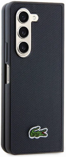 Galaxy Z Fold 5 Kılıf Lacoste Orjinal Lisanslı PU Pike Desenli Arka Yüzey İkonik Timsah Dokuma Logolu Kapak - Siyah