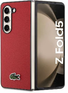 Galaxy Z Fold 5 Kılıf Lacoste Orjinal Lisanslı PU Pike Desenli Arka Yüzey İkonik Timsah Dokuma Logolu Kapak - Kırmızı