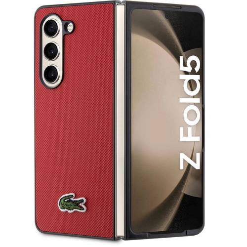 Galaxy Z Fold 5 Kılıf Lacoste Orjinal Lisanslı PU Pike Desenli Arka Yüzey İkonik Timsah Dokuma Logolu Kapak - Kırmızı