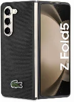 Galaxy Z Fold 5 Kılıf Lacoste Orjinal Lisanslı PU Pike Desenli Arka Yüzey İkonik Timsah Dokuma Logolu Kapak - Siyah