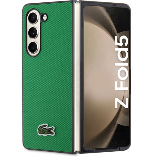 Galaxy Z Fold 5 Kılıf Lacoste Orjinal Lisanslı PU Pike Desenli Arka Yüzey İkonik Timsah Dokuma Logolu Kapak - Yeşil