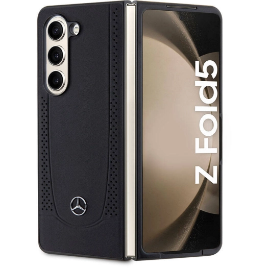 Samsung Galaxy Z Fold 5 Kılıf Mercedes Benz Orjinal Lisanslı Metal Yıldız Logolu Urban Deri Kapak - Siyah