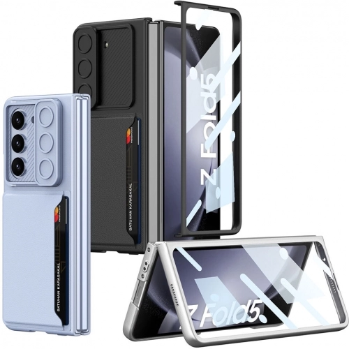 Galaxy Z Fold 5 Suni Deri Arka Yüzey Sürgülü Kamera Korumalı Zore Kartlıklı Kıpta Silikon Kapak - Siyah