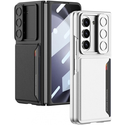 Galaxy Z Fold 5 Suni Deri Arka Yüzey Sürgülü Kamera Korumalı Zore Kartlıklı Kıpta Silikon Kapak - Siyah