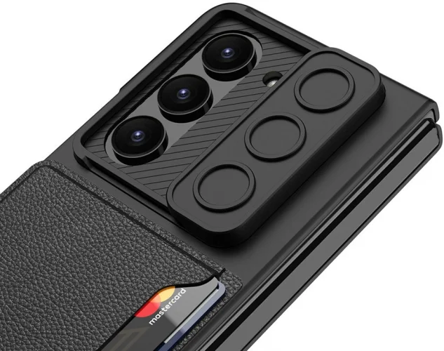 Galaxy Z Fold 5 Suni Deri Arka Yüzey Sürgülü Kamera Korumalı Zore Kartlıklı Kıpta Silikon Kapak - Siyah