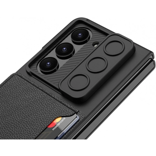 Galaxy Z Fold 5 Suni Deri Arka Yüzey Sürgülü Kamera Korumalı Zore Kartlıklı Kıpta Silikon Kapak - Siyah