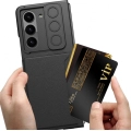 Galaxy Z Fold 5 Suni Deri Arka Yüzey Sürgülü Kamera Korumalı Zore Kartlıklı Kıpta Silikon Kapak - Siyah