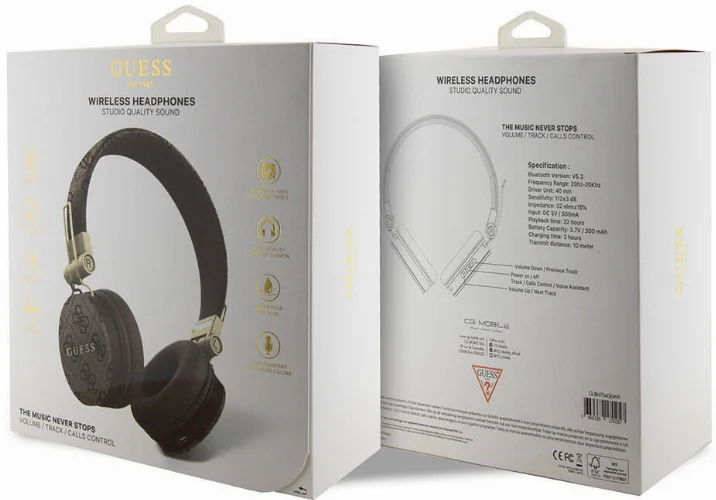 Guess Orjinal Lisanslı 4G Metal Logo PU Deri Ayarlanabilir Kulak Üstü Bluetooth Kulaklık - Kahverengi