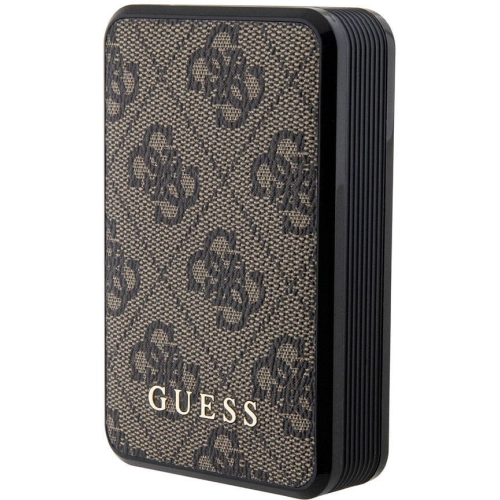 Guess Orjinal Lisanslı Dijital Led Göstergeli PU Deri 4G Desenli Metal Yazı Logolu Powerbank 10000mAh 18W - Kahverengi