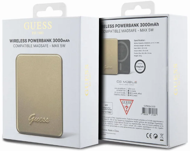 Guess Orjinal Lisanslı Magsafe Şarj Özellikli Metal Yazı Logolu Powerbank 3000mAh 5W - Gold