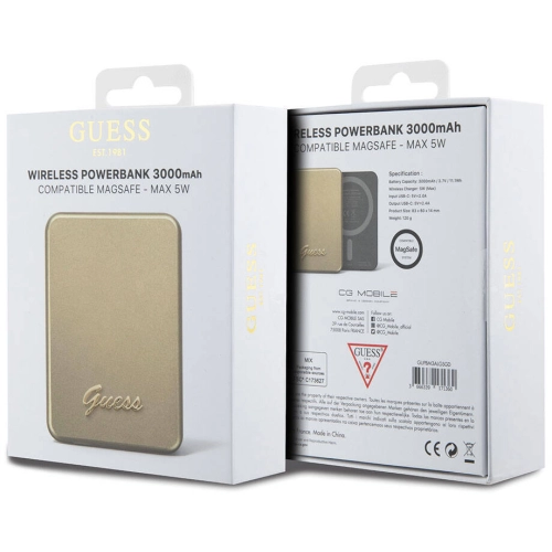 Guess Orjinal Lisanslı Magsafe Şarj Özellikli Metal Yazı Logolu Powerbank 3000mAh 5W - Gold