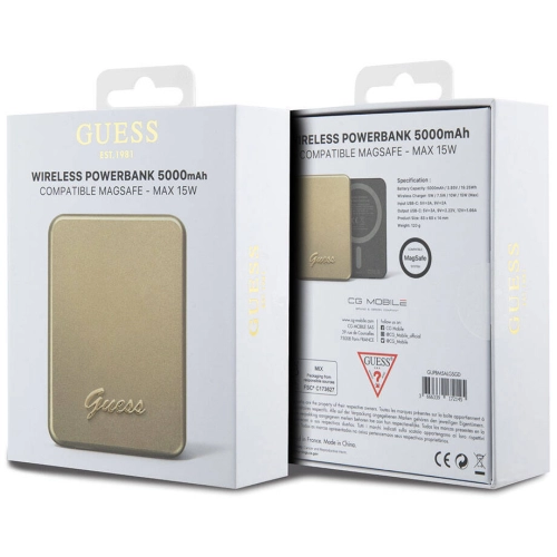 Guess Orjinal Lisanslı Magsafe Şarj Özellikli Metal Yazı Logolu Powerbank 5000mAh 15W - Gold