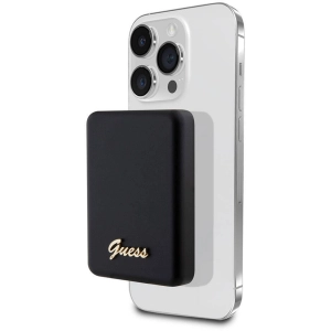 Guess Orjinal Lisanslı Magsafe Şarj Özellikli Metal Yazı Logolu Powerbank 5000mAh 15W - Siyah