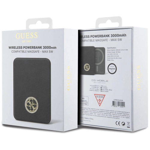 Guess Orjinal Lisanslı Magsafe Şarj Özellikli Taşlı 4G Logolu Powerbank 3000mAh 5W - Siyah