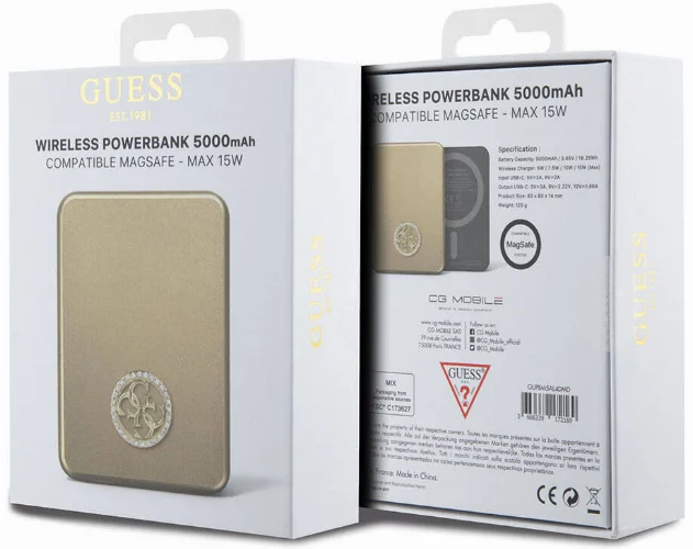 Guess Orjinal Lisanslı Magsafe Şarj Özellikli Taşlı 4G Logolu Powerbank 5000mAh 15W - Gold