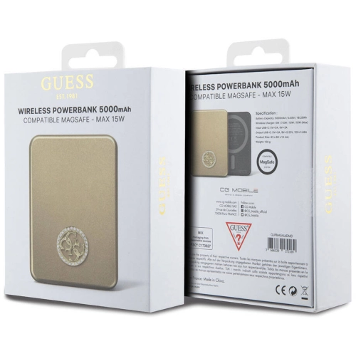Guess Orjinal Lisanslı Magsafe Şarj Özellikli Taşlı 4G Logolu Powerbank 5000mAh 15W - Gold
